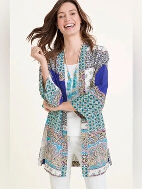 A-15 Chico's 100% linen patchwork multicolor Paisley & Floral Open Kimono duster